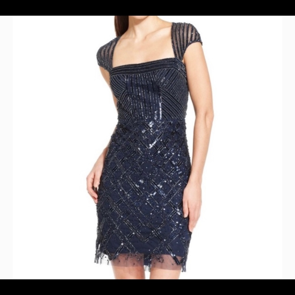 Vintage Adrianna Papell silver sequin & pewter beaded cocktail dress